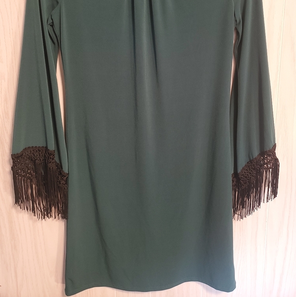 New York & Company Green Bell Sleeve Fringe Dress - Picture 7 of 8